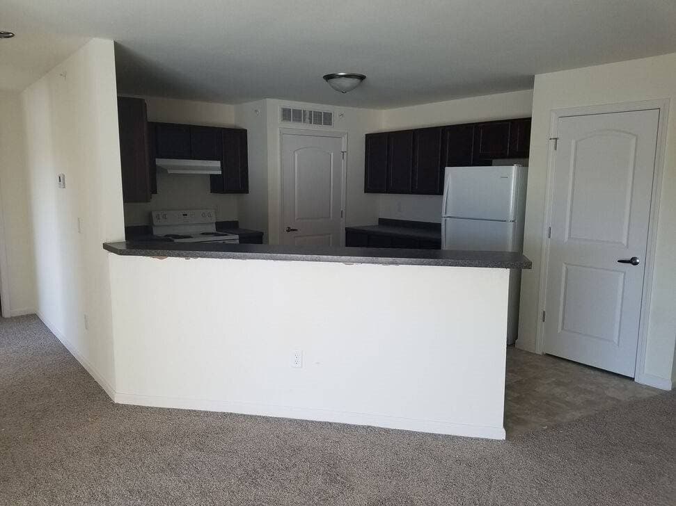 Open kitchen with breakfast bar and living area